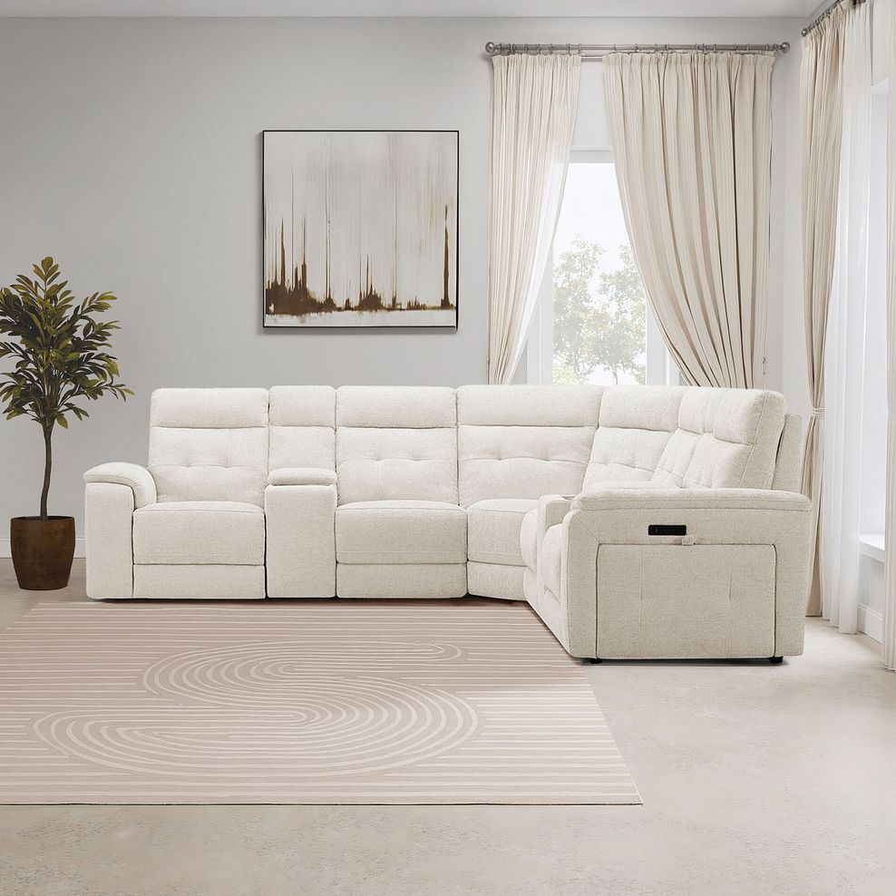 Juno Large Corner Electric Recliner Sofa With Wireless Charging Consoles and Power Headrests in Hopsack Natural Fabric 1