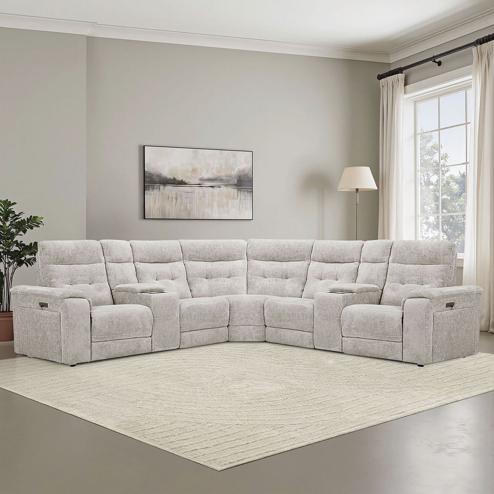 Juno Large Corner Electric Recliner Sofa With Wireless Charging Consoles and Power Headrests in Koto Turtle Dove Fabric 1