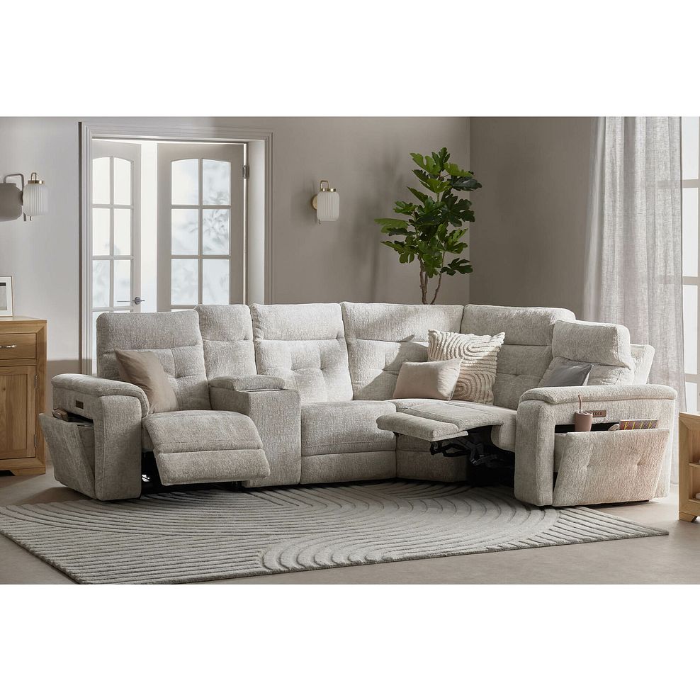 Juno Left Hand Corner Electric Recliner Sofa With Wireless Charging Console and Power Headrests in Koto Turtle Dove Fabric 1