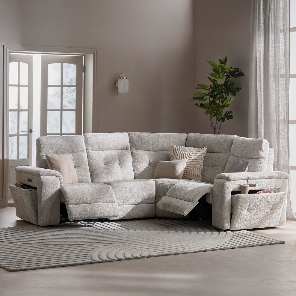 Juno Left Hand Corner Electric Recliner Sofa With Power Headrests in Koto Turtle Dove Fabric 1