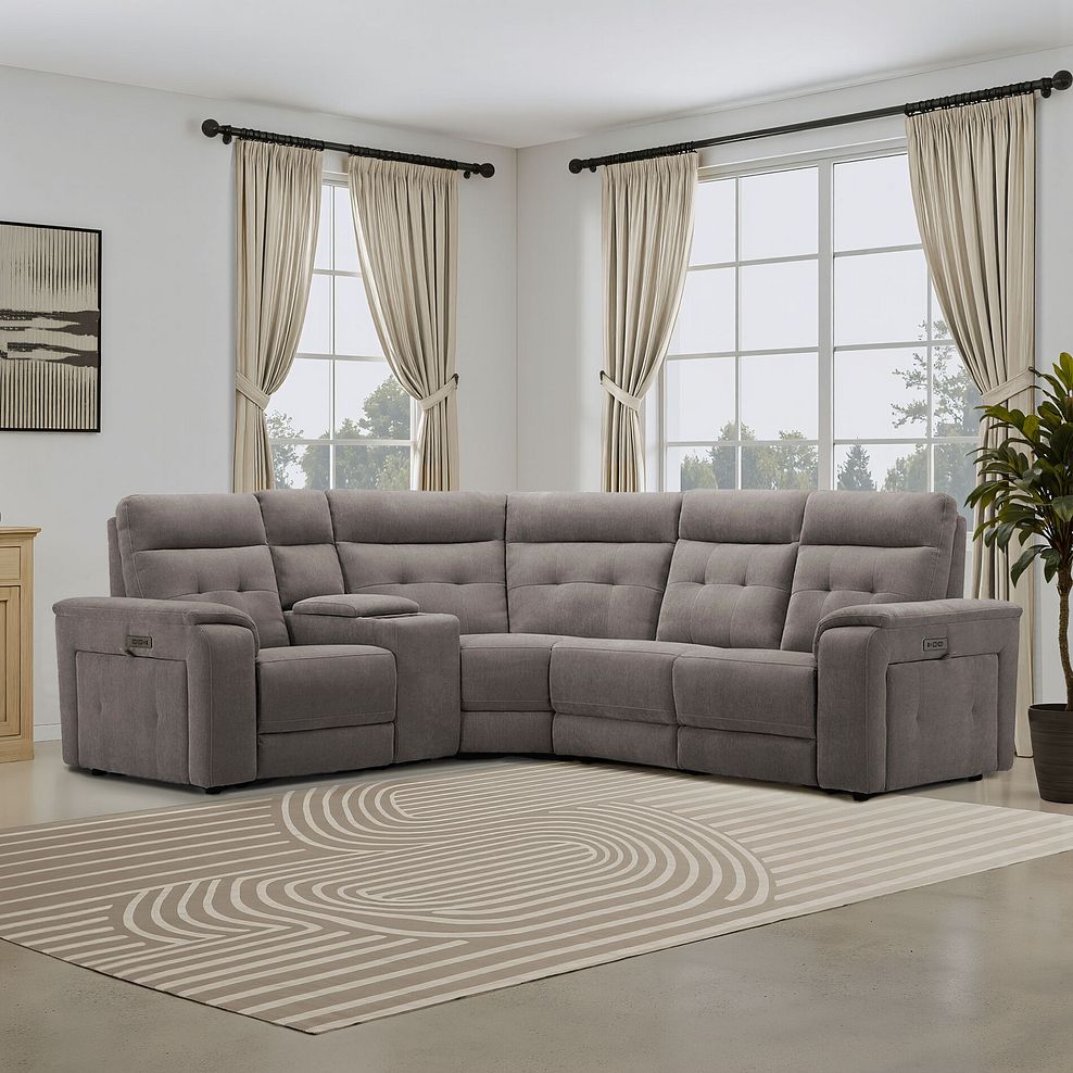 Juno Left Hand Corner Electric Recliner Sofa With Wireless Charging Console and Power Headrests in Amigo Cocoa Fabric 1