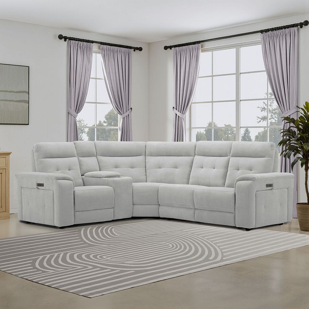 Juno Left Hand Corner Electric Recliner Sofa With Wireless Charging Console and Power Headrests in Amigo Dove Fabric 1