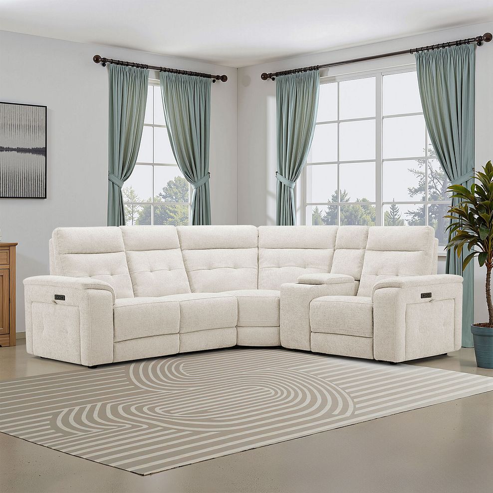 Juno Left Hand Corner Electric Recliner Sofa With Wireless Charging Console and Power Headrests in Hopsack Natural Fabric 1