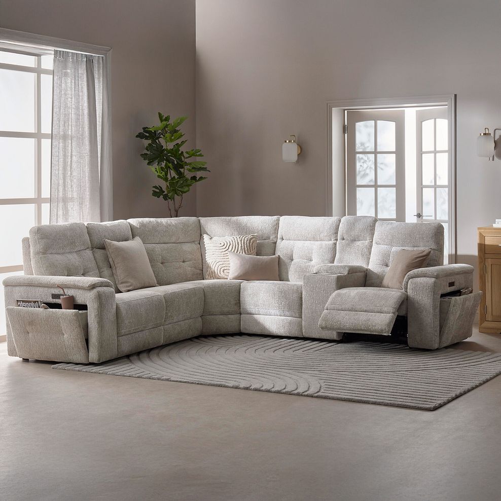 Juno Left Hand Corner Electric Recliner Sofa With Wireless Charging Console and Power Headrests in Koto Turtle Dove Fabric 3
