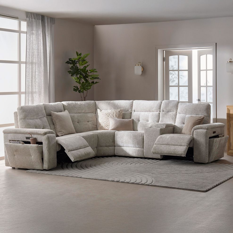 Juno Left Hand Corner Electric Recliner Sofa With Wireless Charging Console and Power Headrests in Koto Turtle Dove Fabric 1