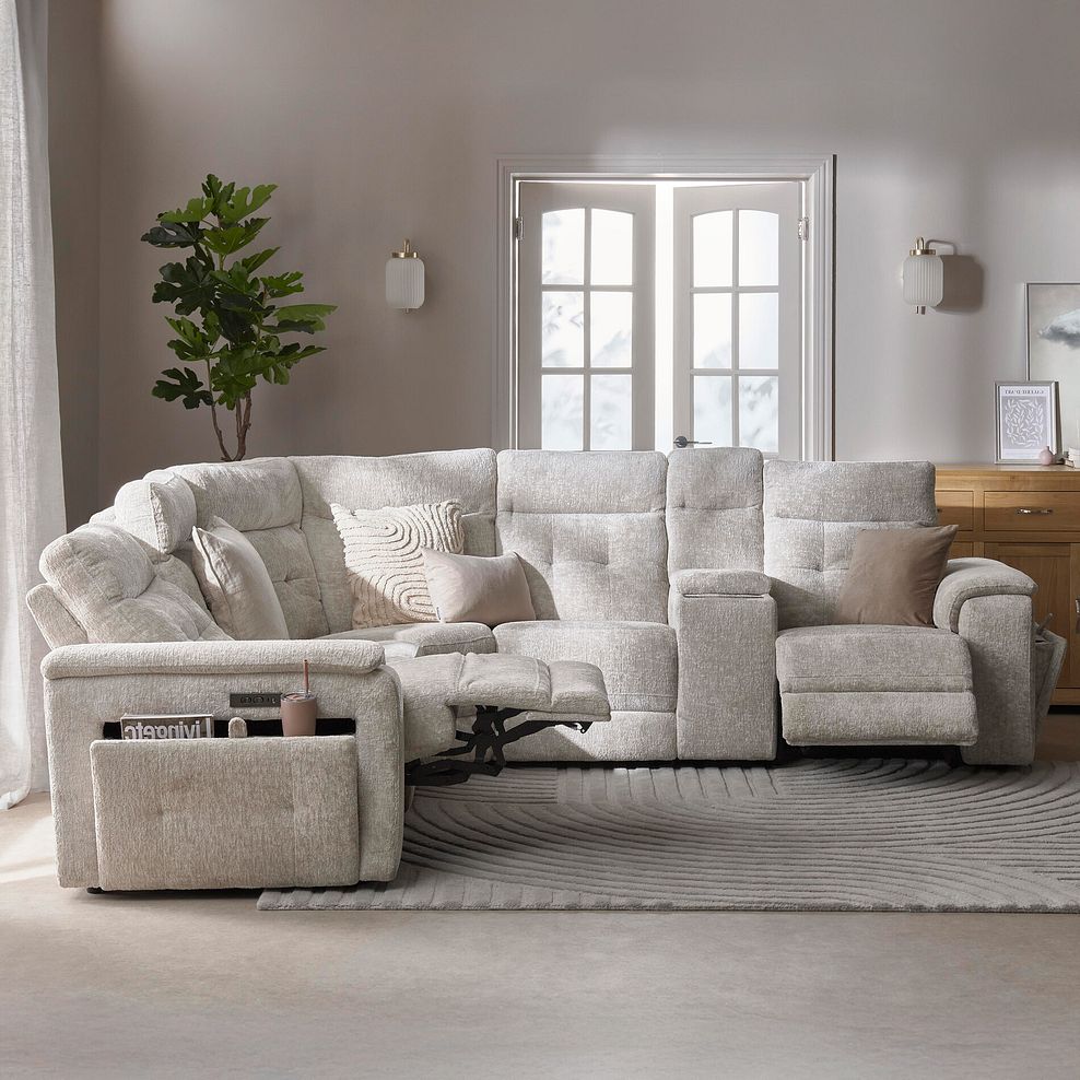 Juno Left Hand Corner Electric Recliner Sofa With Wireless Charging Console and Power Headrests in Koto Turtle Dove Fabric 4