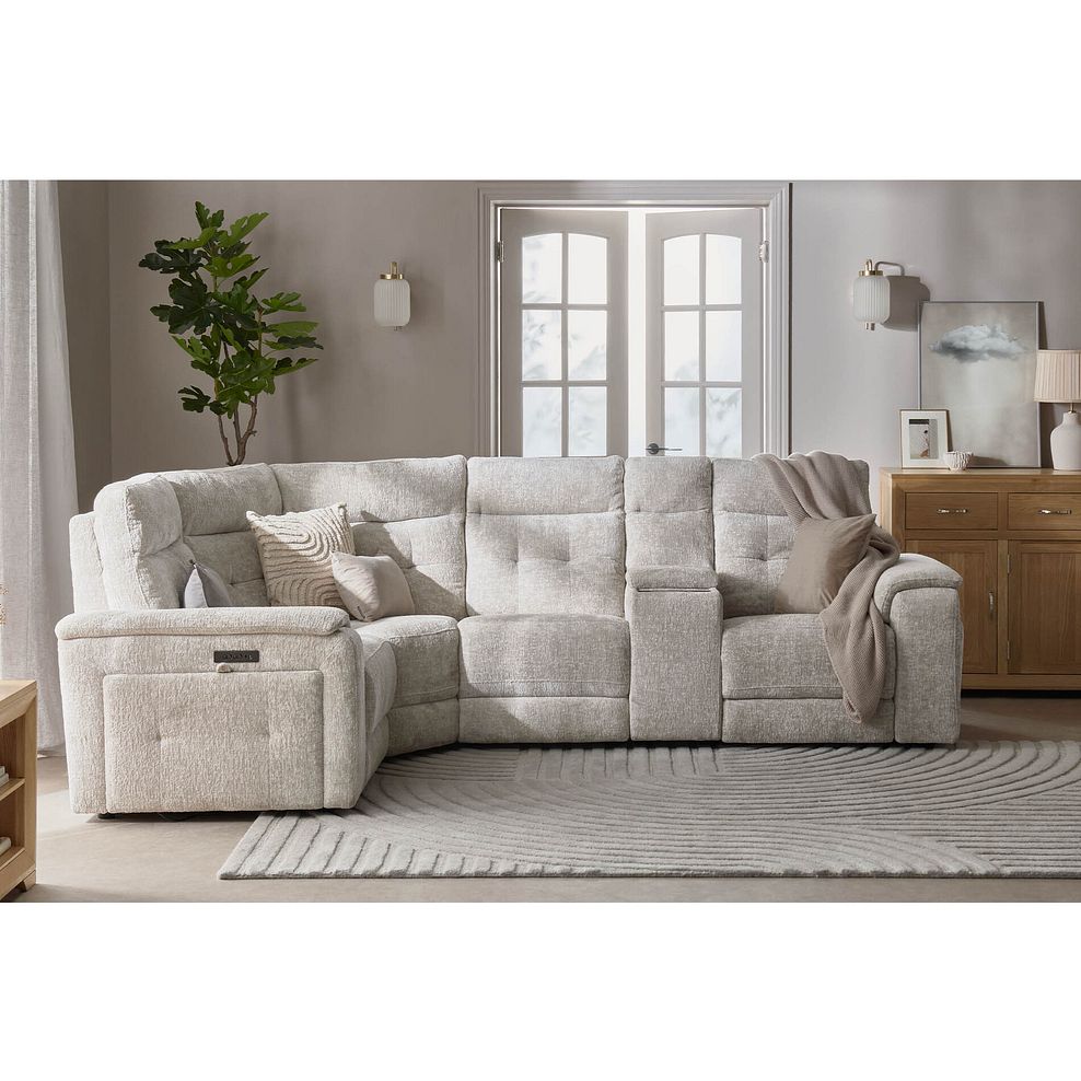 Juno Right Hand Corner Electric Recliner Sofa With Wireless Charging Console and Power Headrests  in Koto Turtle Dove Fabric 1