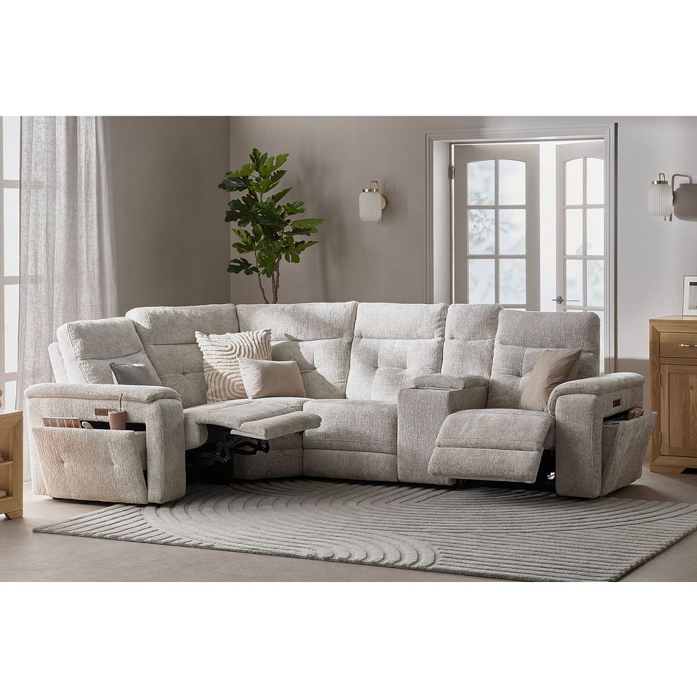 Juno Right Hand Corner Electric Recliner Sofa With Wireless Charging Console and Power Headrests  in Koto Turtle Dove Fabric 2
