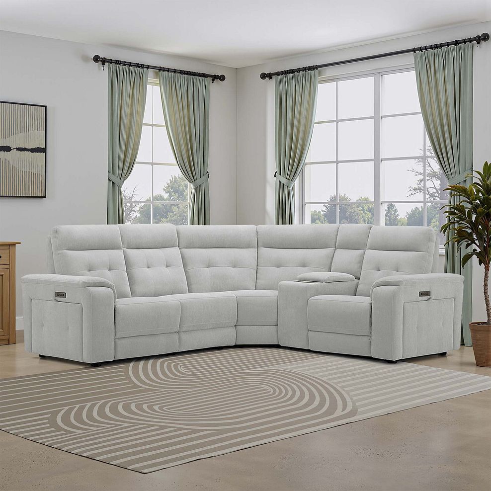 Juno Right Hand Corner Electric Recliner Sofa With Wireless Charging Console and Power Headrests in Amigo Dove Fabric 1