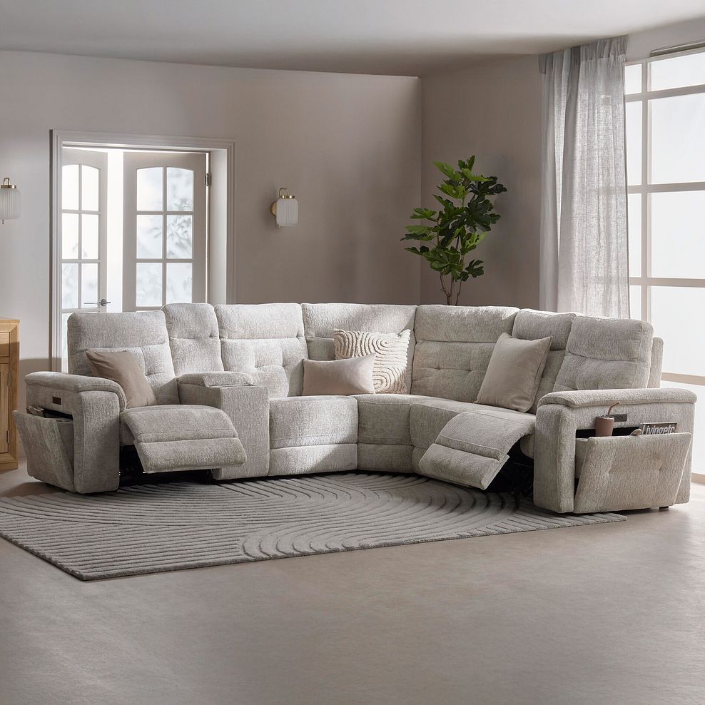 Juno Right Hand Corner Electric Recliner Sofa With Wireless Charging Console and Power Headrests in Koto Turtle Dove Fabric 3