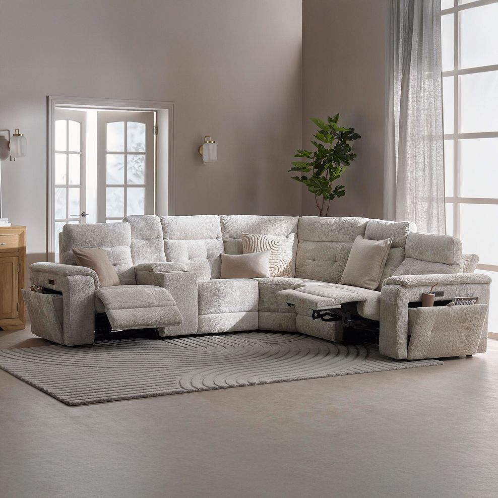 Juno Right Hand Corner Electric Recliner Sofa With Wireless Charging Console and Power Headrests in Koto Turtle Dove Fabric 1