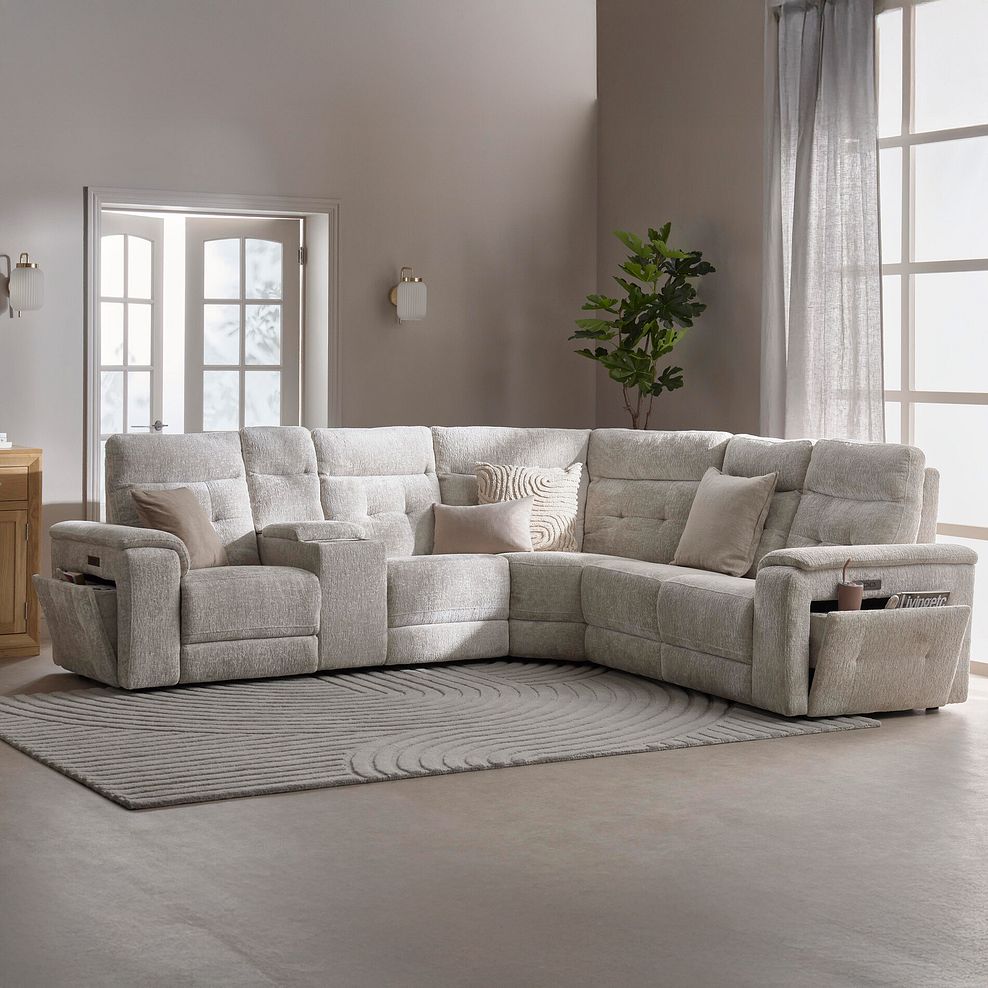 Juno Right Hand Corner Electric Recliner Sofa With Wireless Charging Console and Power Headrests in Koto Turtle Dove Fabric 2