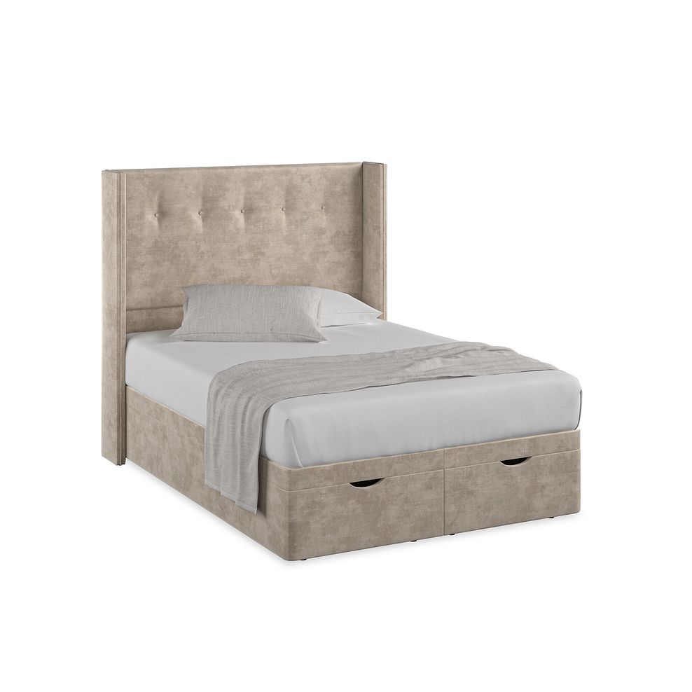 Kent Double Storage Ottoman Bed with Winged Headboard in Heritage Velvet - Mink 1
