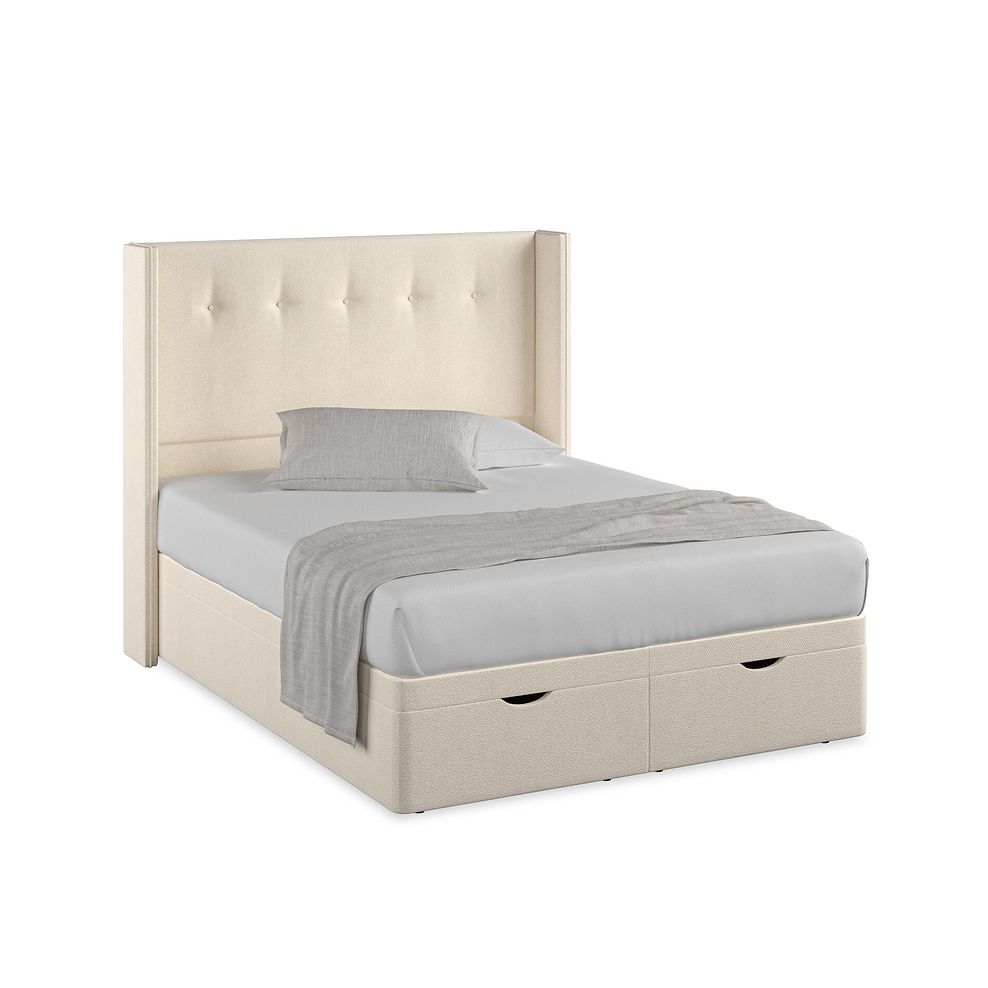 Kent King-Size Storage Ottoman Bed with Winged Headboard in Venice Fabric - Cream 1