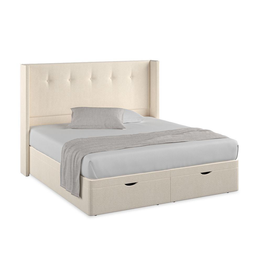 Kent Super King-Size Storage Ottoman Bed with Winged Headboard in Venice Fabric - Cream Thumbnail 1
