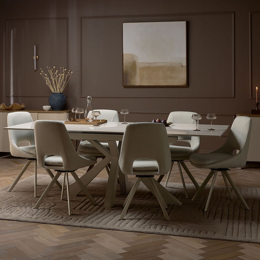 Kobi Ceramic Dining Table with 6 Nico Swivel Dining Chairs in Cream with Cappuccino Metal Legs 1