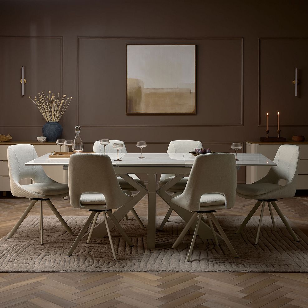 Kobi Ceramic Dining Table with 6 Nico Swivel Dining Chairs in Cream with Cappuccino Metal Legs 2