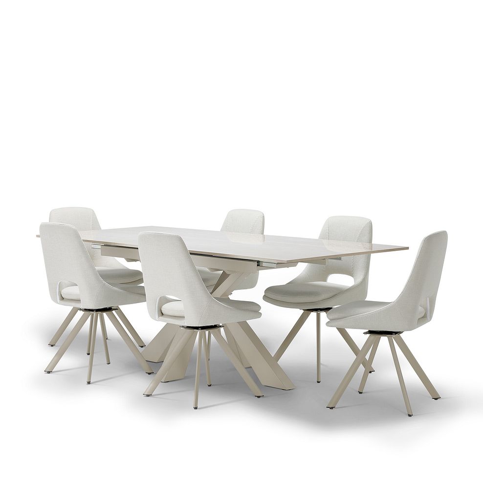 Kobi Ceramic Dining Table with 6 Nico Swivel Dining Chairs in Cream with Cappuccino Metal Legs 3