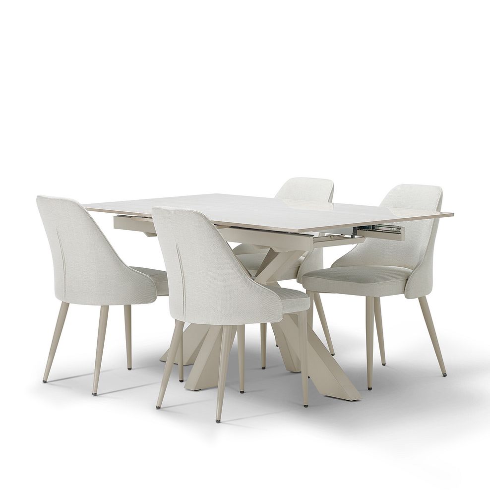 Kobi Ceramic Extendable Dining Table with 4 Aria Dining Chairs in Cream Woven Fabric with Cappuccino Metal Legs 2