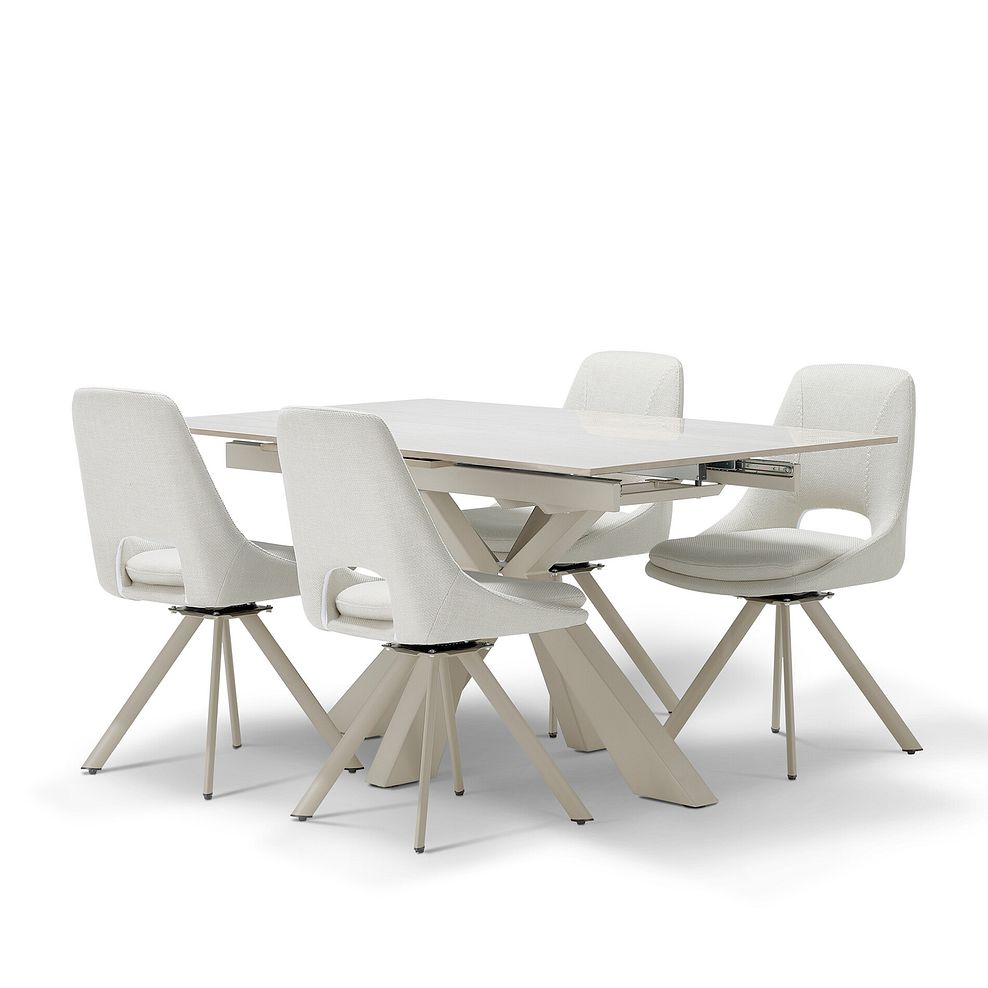Kobi Ceramic Extendable Dining Table with 4 Nico Swivel Dining Chairs in Cream Woven Fabric with Cappuccino Metal Legs 2