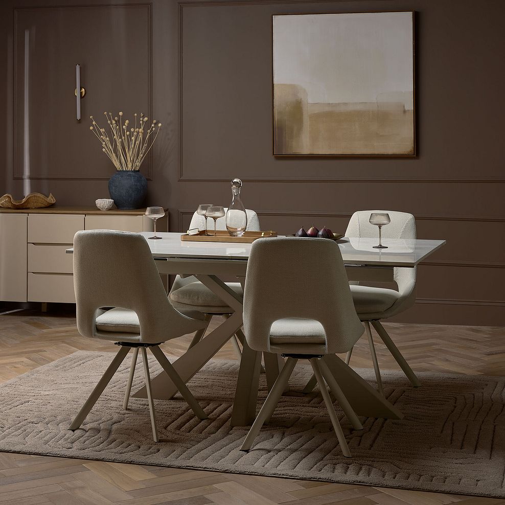 Kobi Ceramic Extendable Dining Table with 4 Nico Swivel Dining Chairs in Cream Woven Fabric with Cappuccino Metal Legs 1