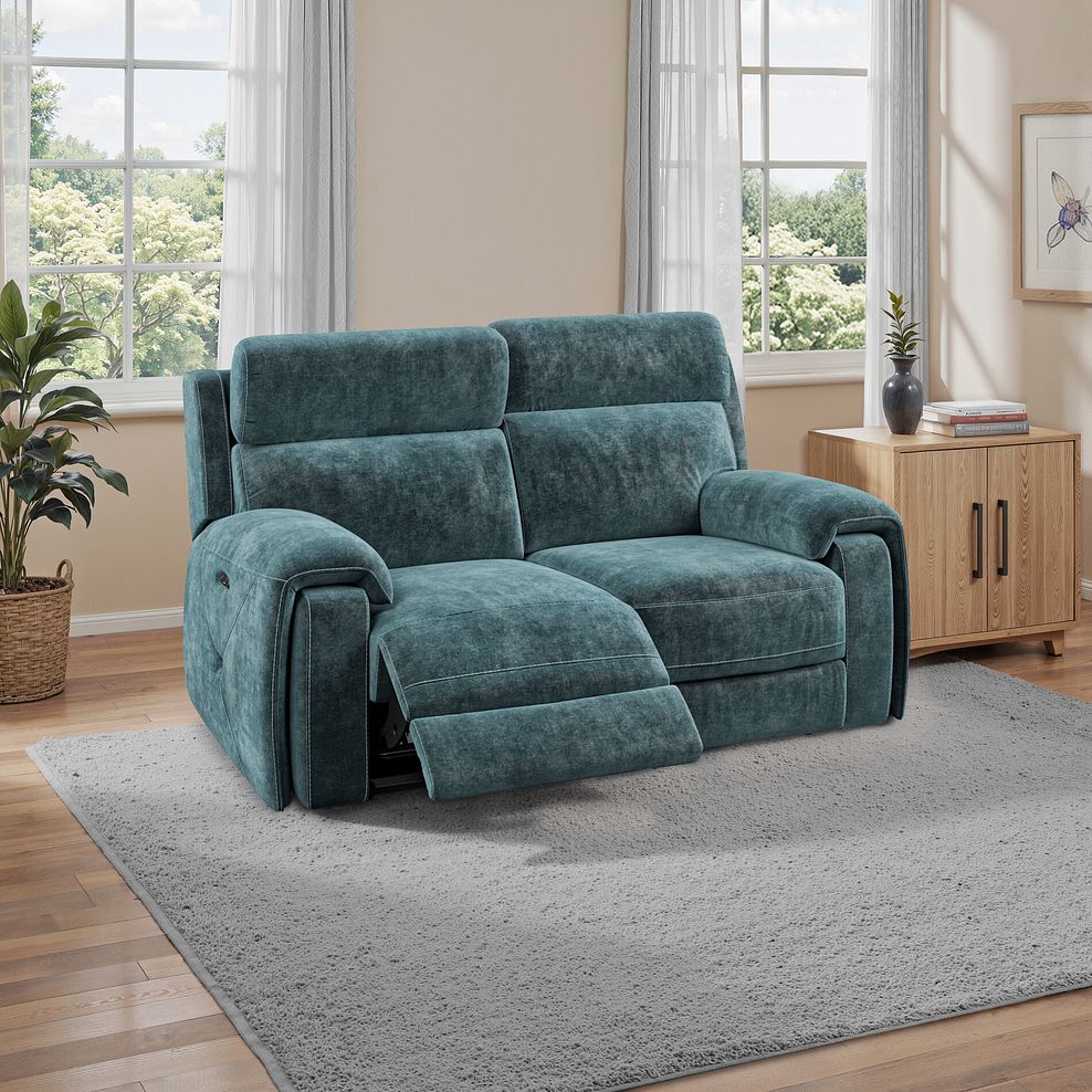 Leo 2 Seater Recliner Sofa with Adjustable Headrests in Descent Blue Fabric 1