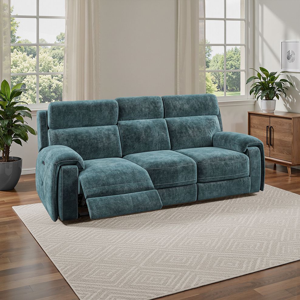 Leo 3 Seater Recliner Sofa with Adjustable Headrests in Descent Blue Fabric 1