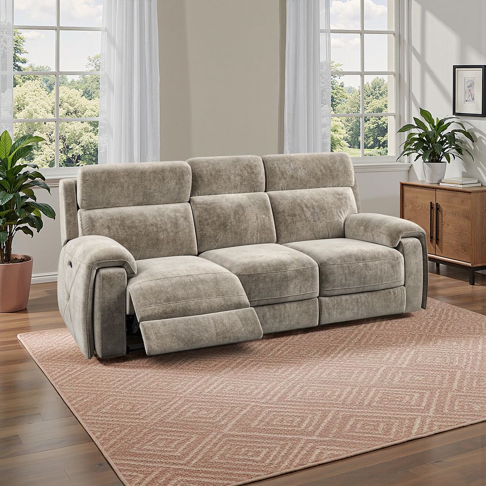 Leo 3 Seater Recliner Sofa with Adjustable Headrests in Descent Taupe Fabric 1