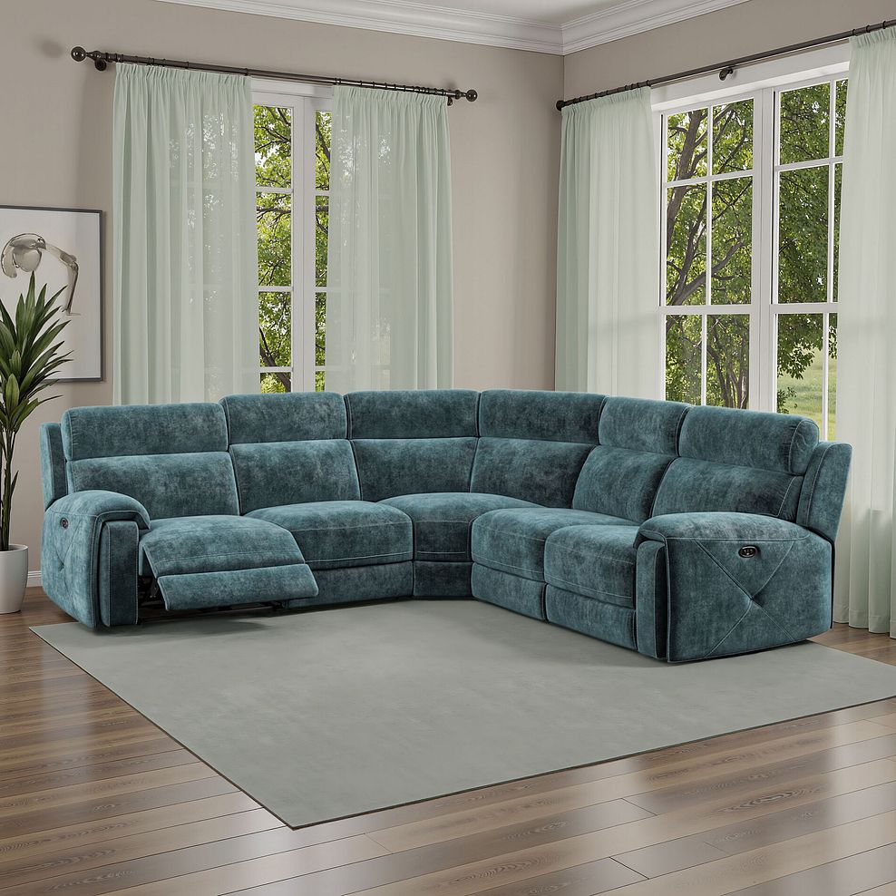 Leo Large Corner Recliner Sofa in Descent Blue Fabric 1