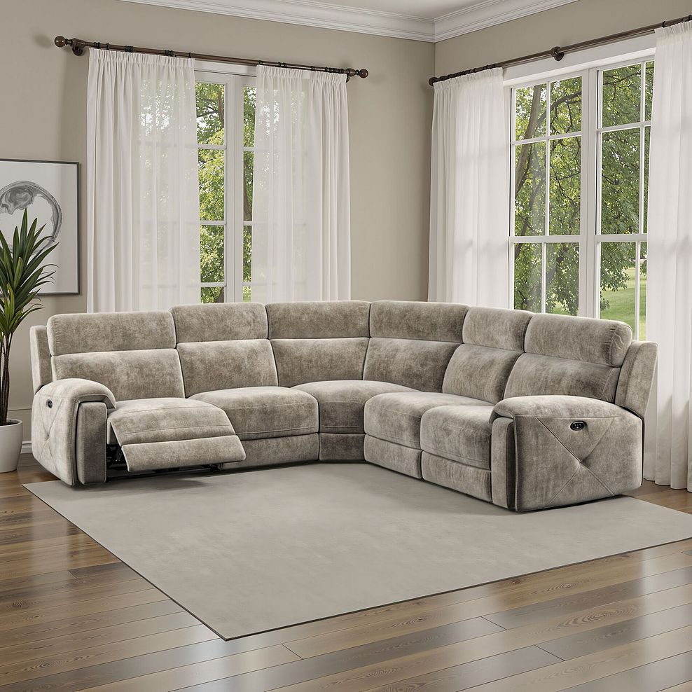 Leo Large Corner Recliner Sofa in Descent Taupe Fabric 1