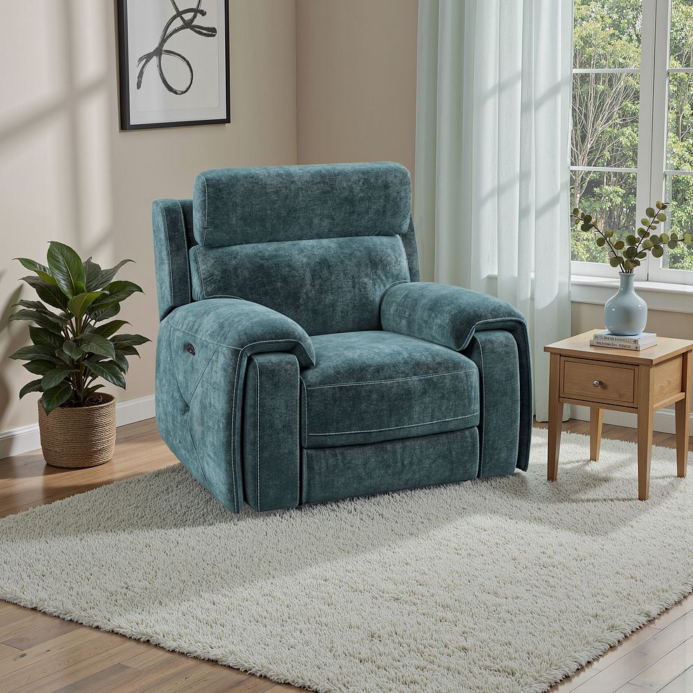 Leo Recliner Armchair with Adjustable Headrest in Descent Blue Fabric 1