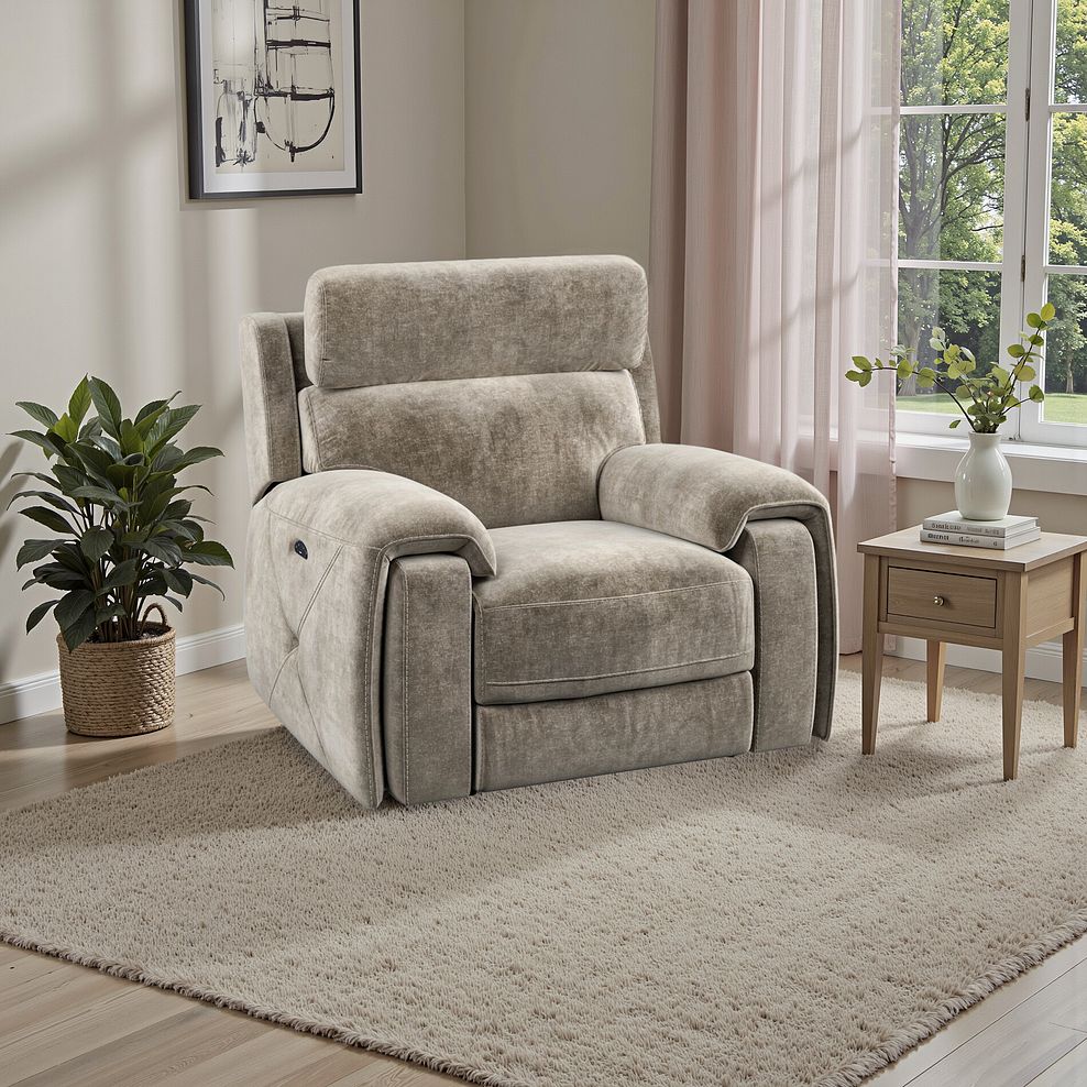 Leo Recliner Armchair with Adjustable Headrest in Descent Taupe Fabric 1