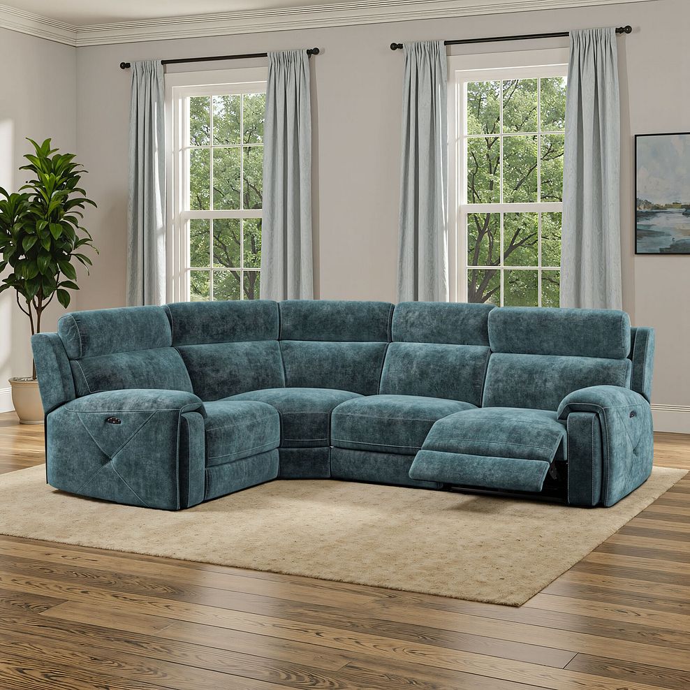 Leo Right Hand Corner Recliner Sofa with Adjustable Headrests in Descent Blue Fabric 1