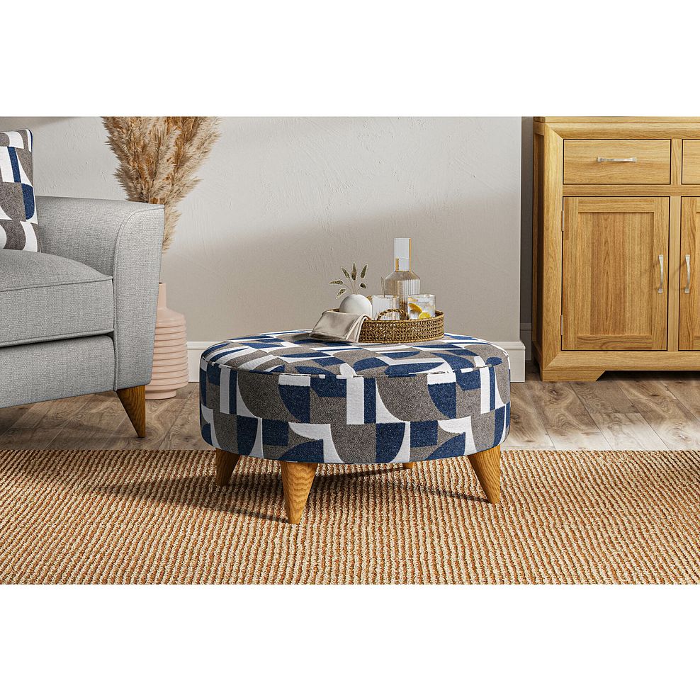 Levi Round Footstool in Asher Ocean Fabric 1