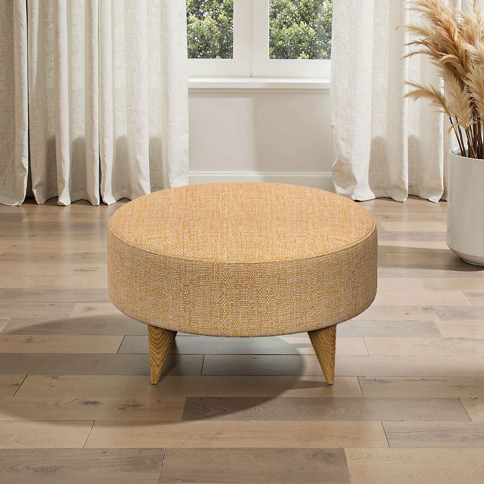 Levi Round Footstool in Barley Citrus Fabric 1