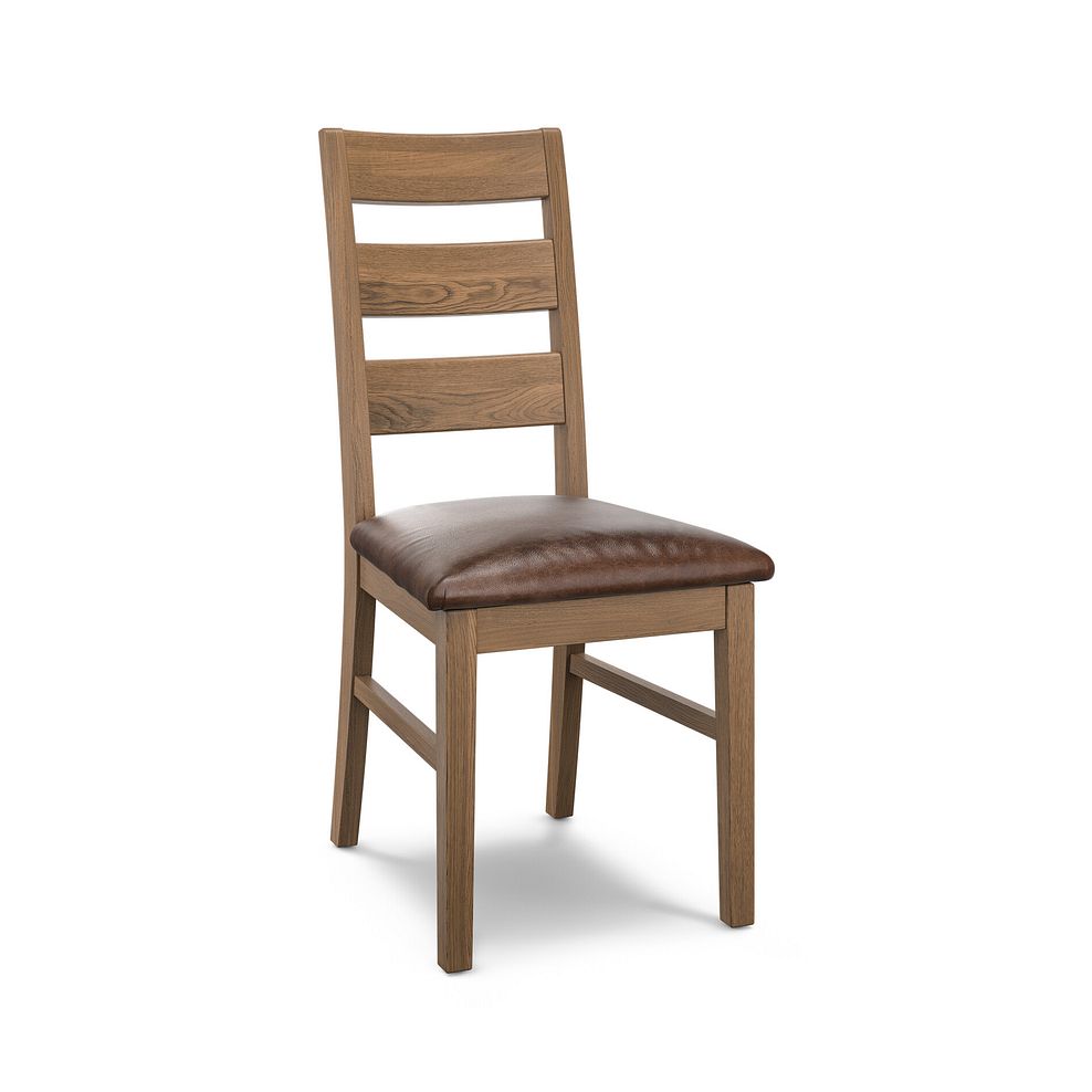 Linear Antique Finish Oak Chair with Vintage Brown Leather Look Seat 1