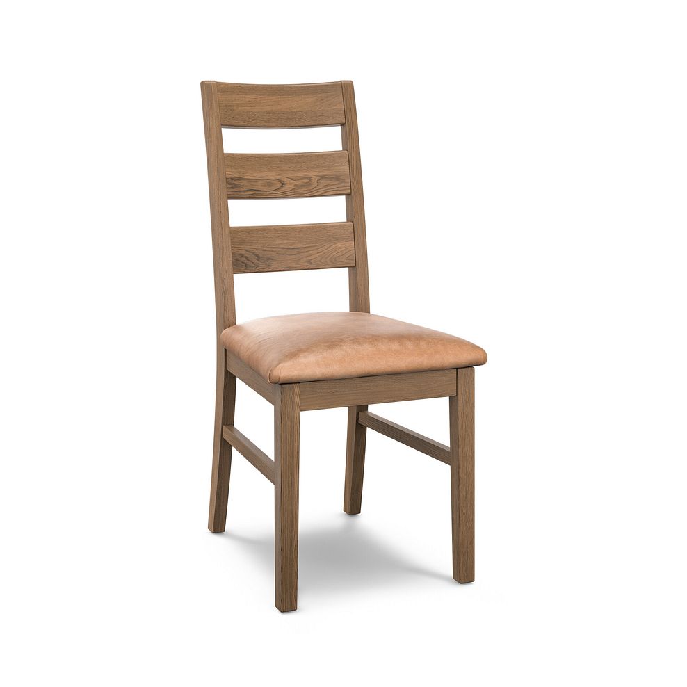 Linear Antique Finish Oak Chair with Vintage Tan Leather Look Seat 1