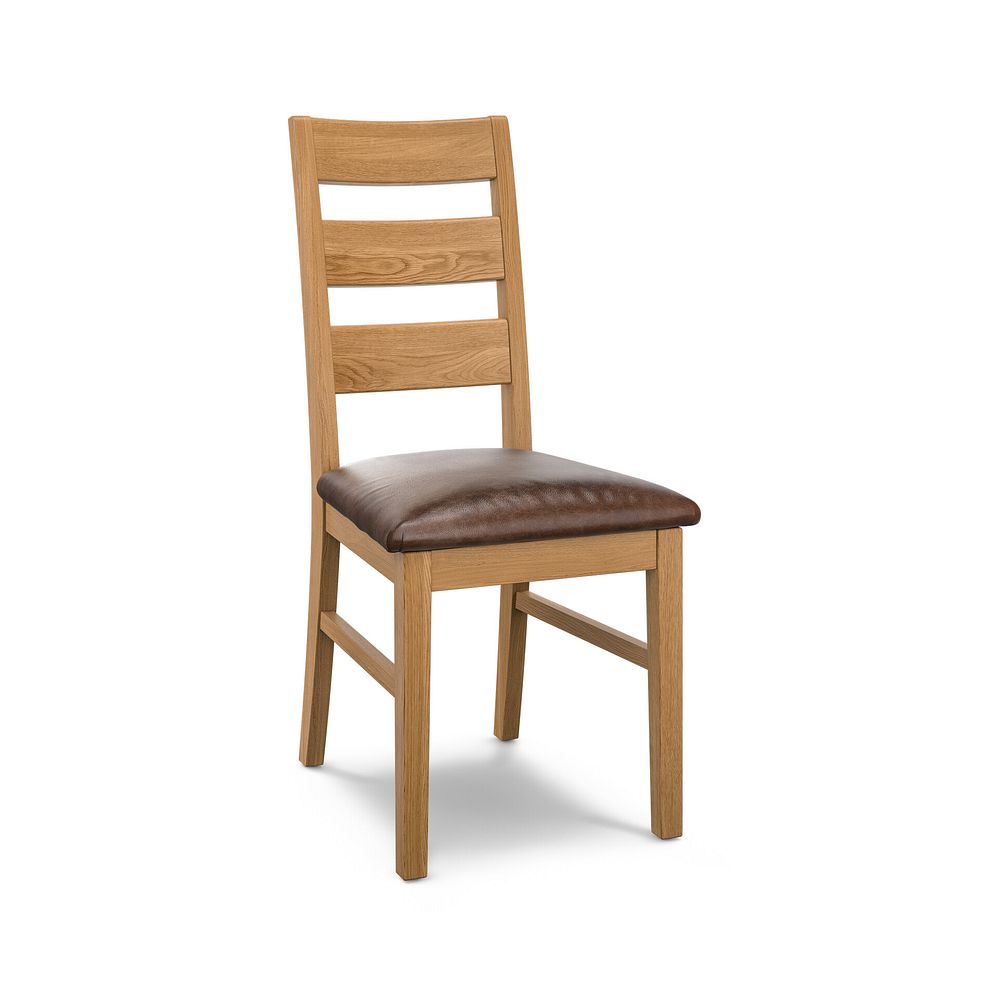 Linear Natural Oak Chair with Vintage Brown Leather Look Seat 1