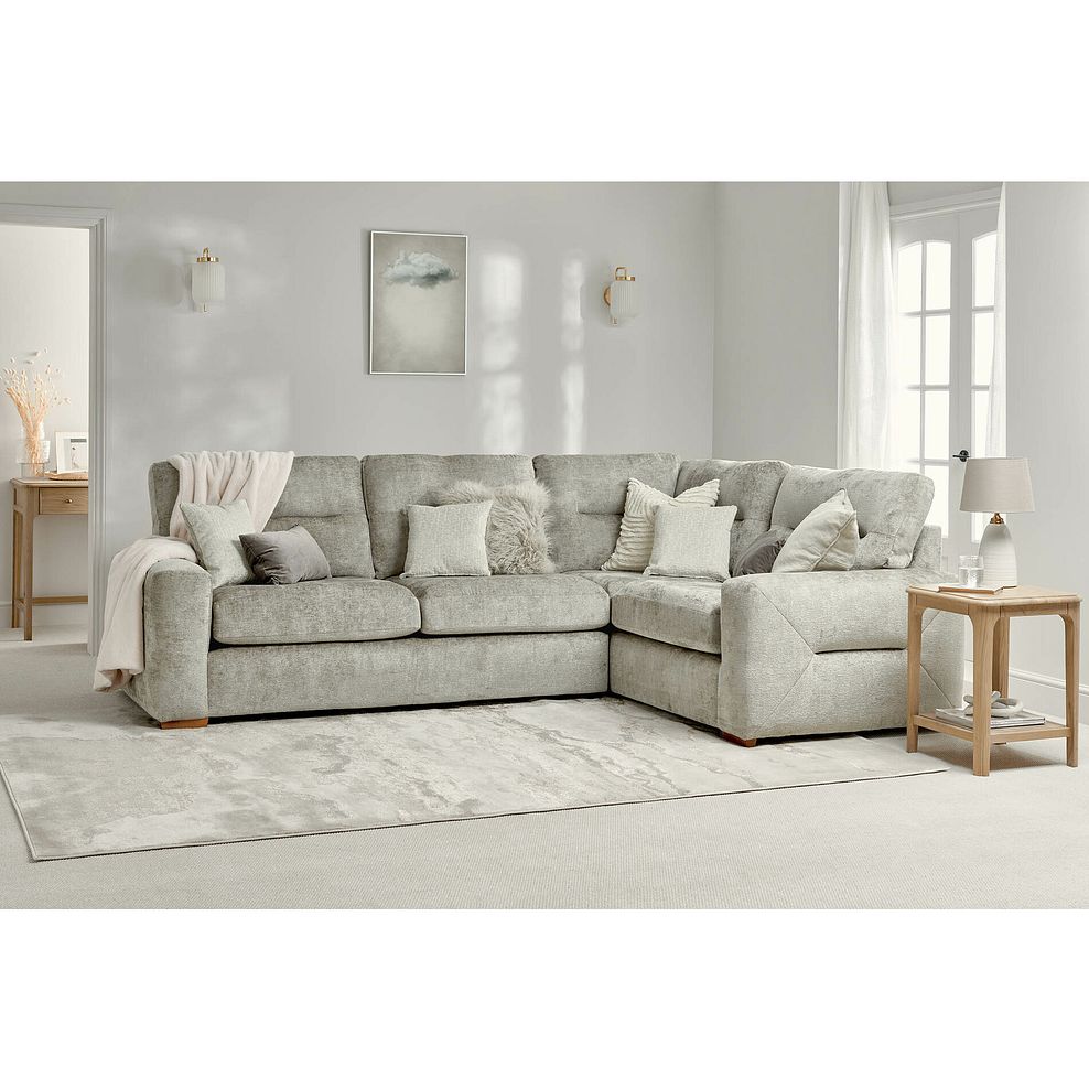 Lorenzo Left Hand Corner Sofa in Paolo Truffle Fabric with Oyster Scatter Cushions 1