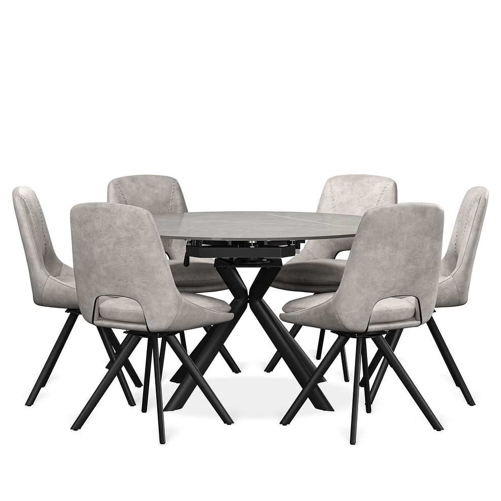 Lucia Ceramic Extending 4-6 Seater Swivel Dining Table in Matt Grey with 6 Nico Chairs in Light Grey 1