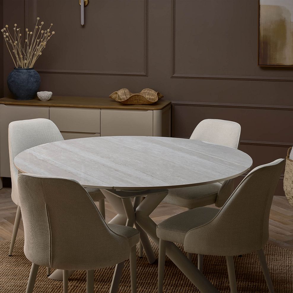 Lucia Ceramic Round Dining Table with 4 Aria Dining Chairs in Cream with Cappuccino Metal Legs 3