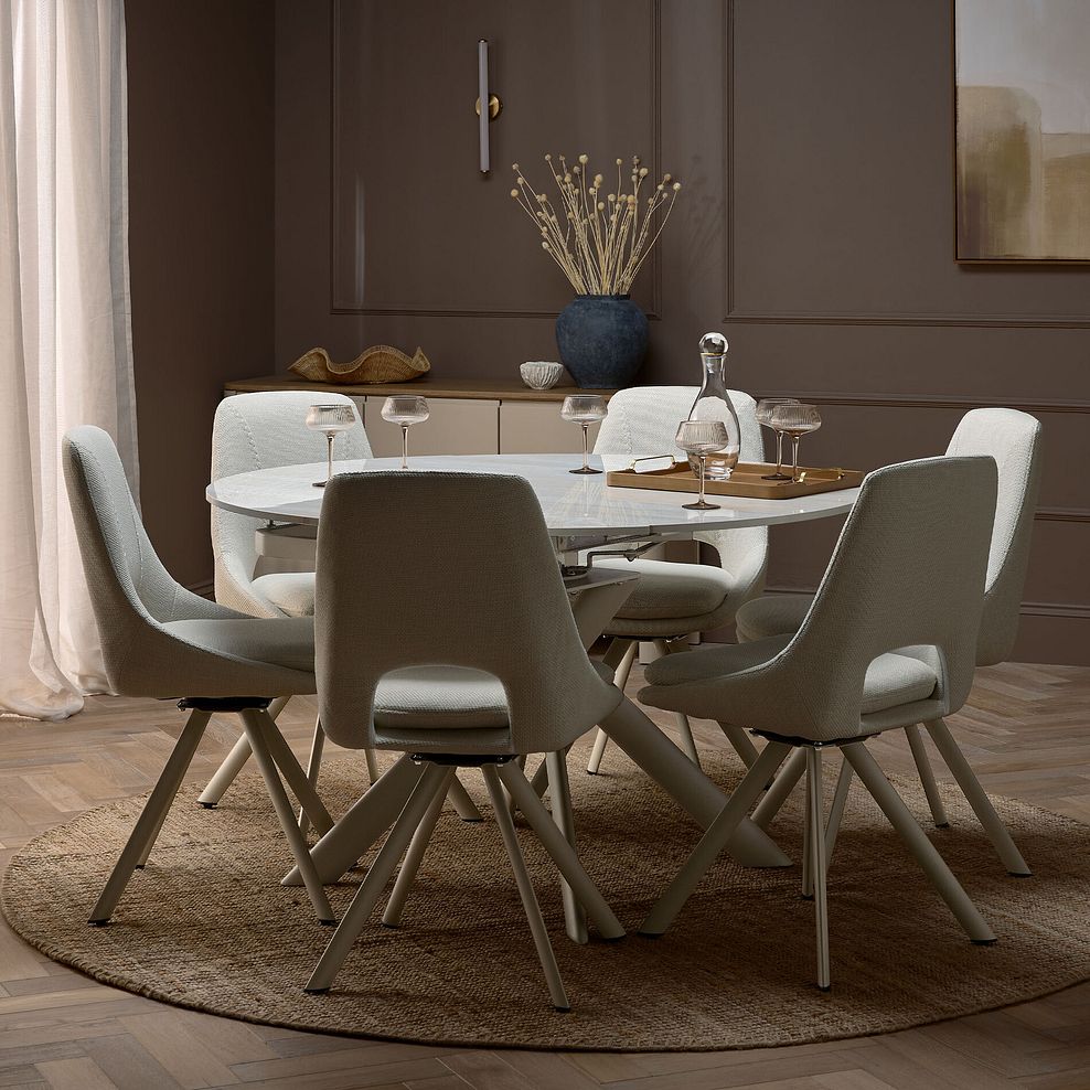 Lucia Ceramic Round Dining Table with 6 Nico Swivel Dining Chairs in Cream with Cappuccino Metal Legs 1