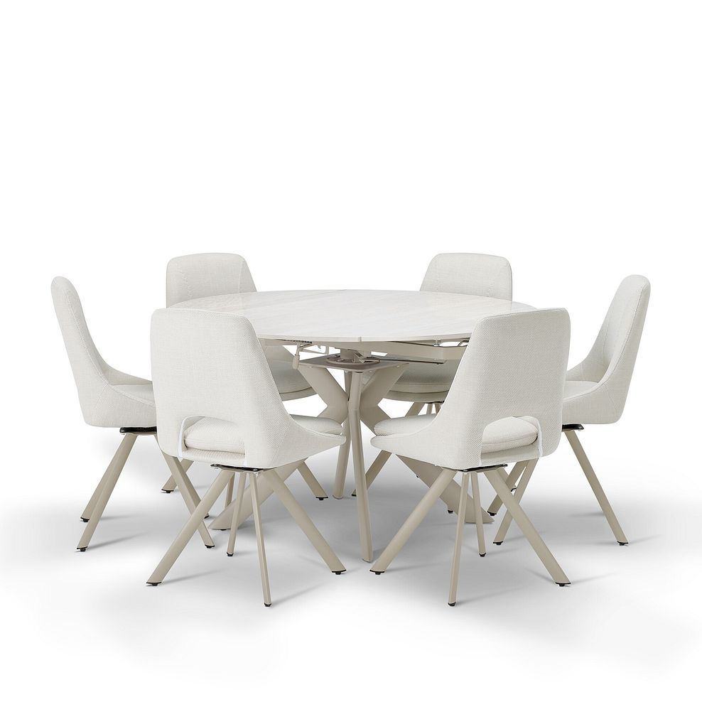 Lucia Ceramic Round Dining Table with 6 Nico Swivel Dining Chairs in Cream with Cappuccino Metal Legs 4