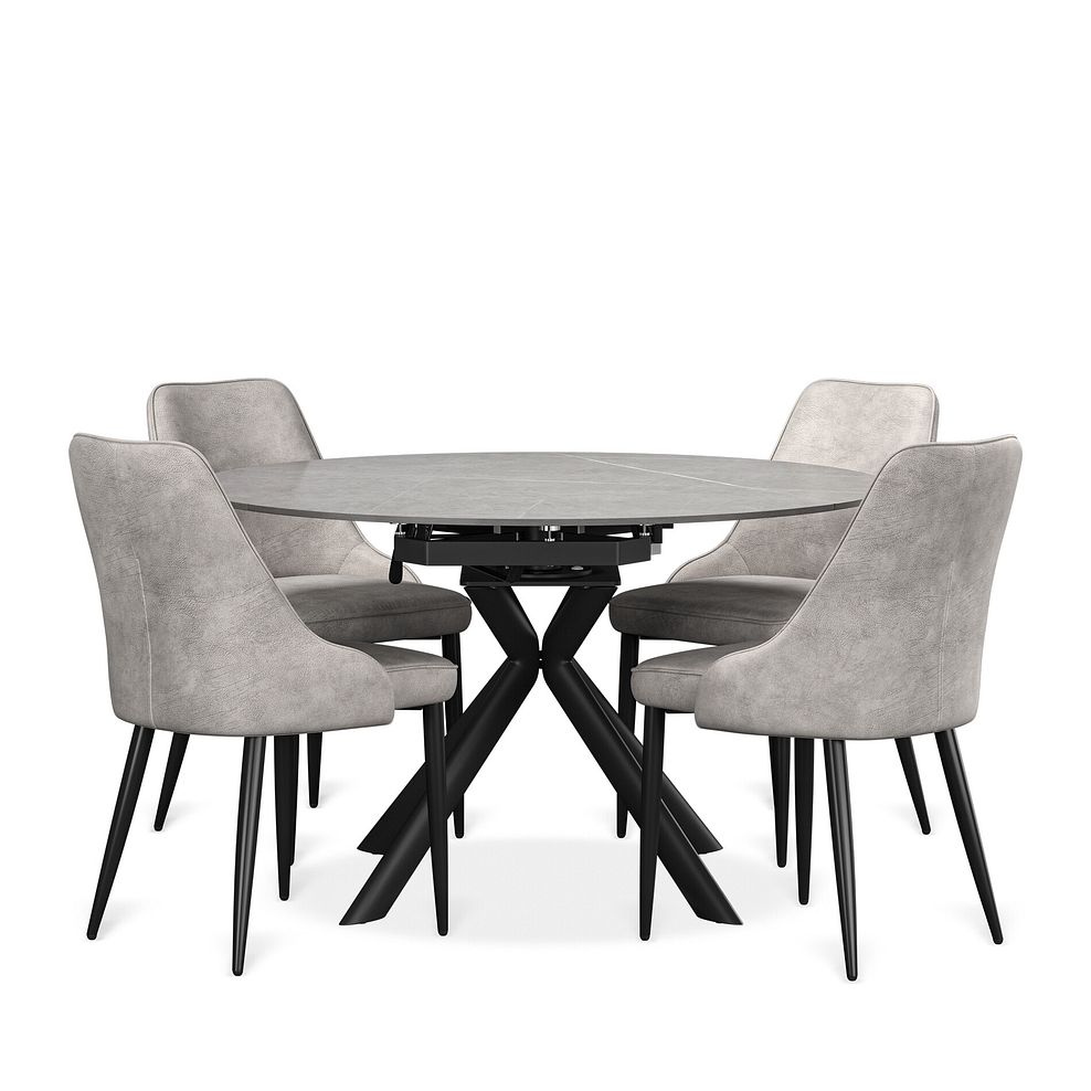 Lucia Ceramic Extending Round Dining Table in Matte Grey Finish 130cm with 4 Aria Light Grey Chairs 1