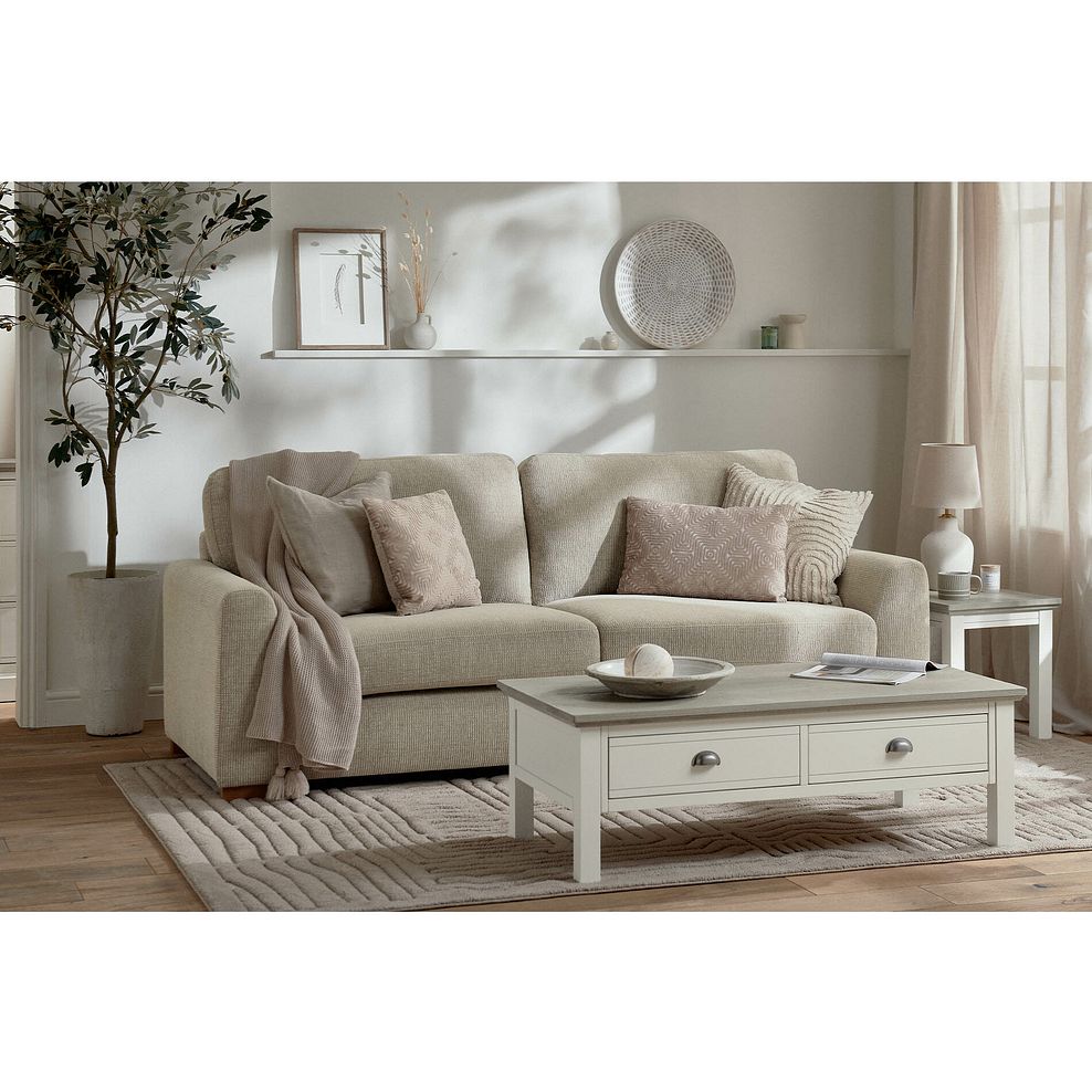 Ludlow 4 Seater Sofa in Ceriale Biscuit Fabric with Truffle Scatter Cushions 1