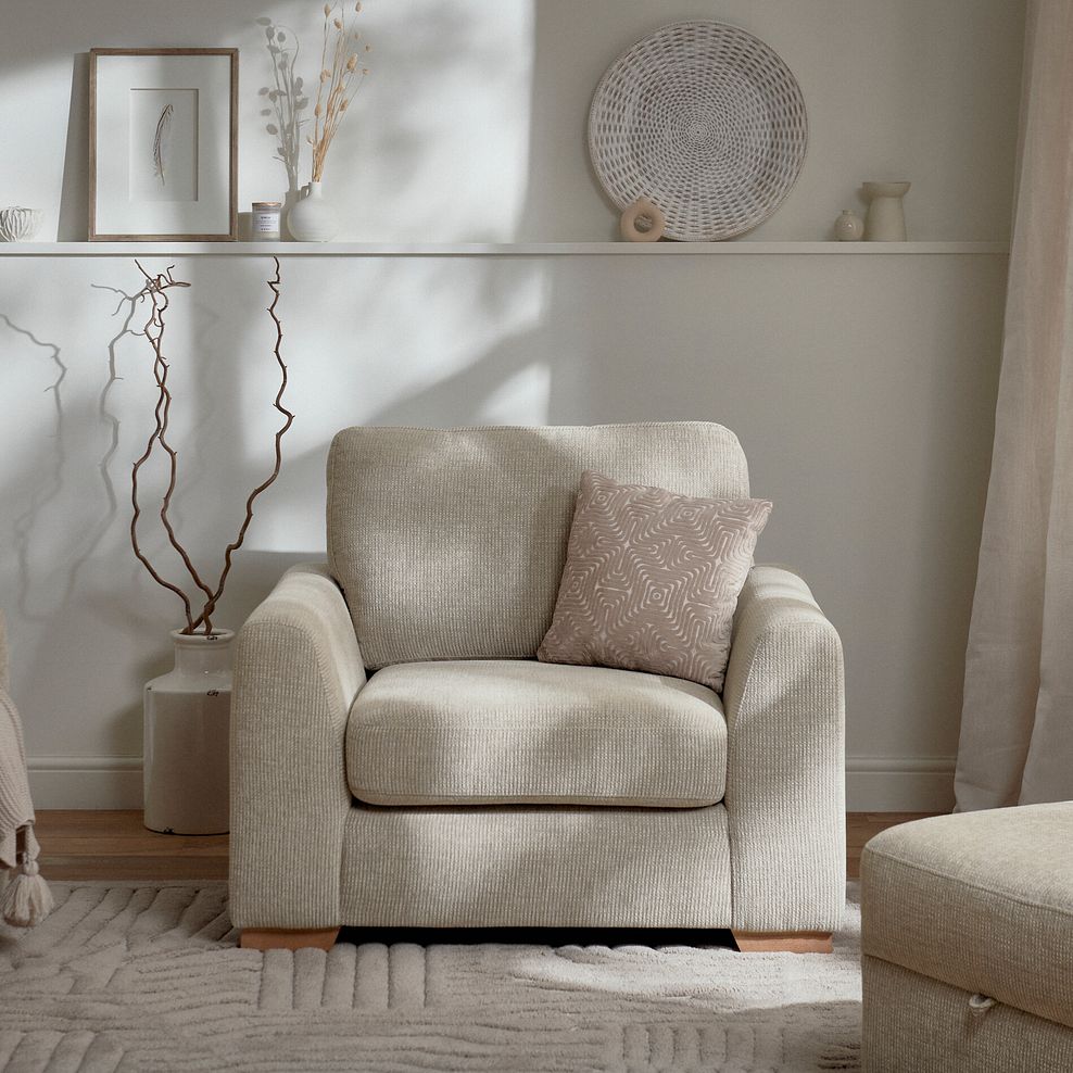Ludlow Armchair in Ceriale Biscuit Fabric with Truffle Scatter Cushion 1