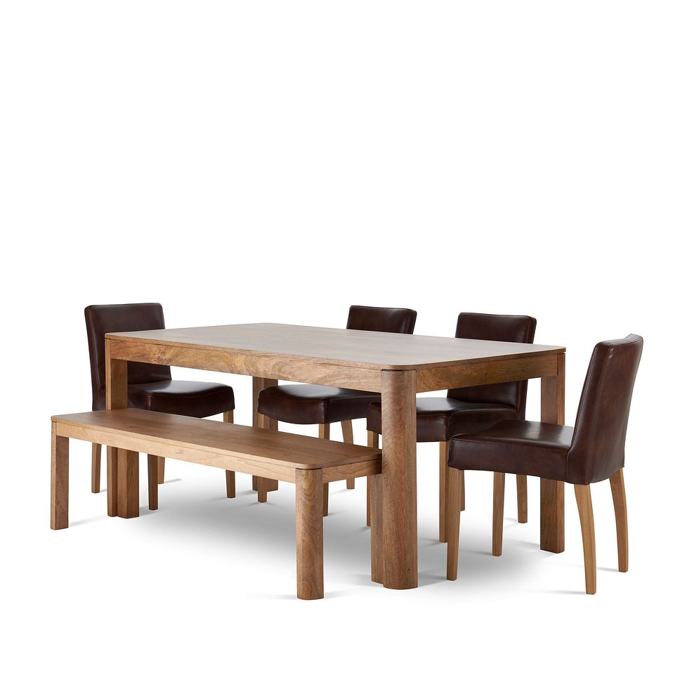 Lyla Mango Dining Table + 1 Lyla Mango Bench + 4 Dawson Chairs with Oak Legs in Vintage Brown Leather Look Fabric 1
