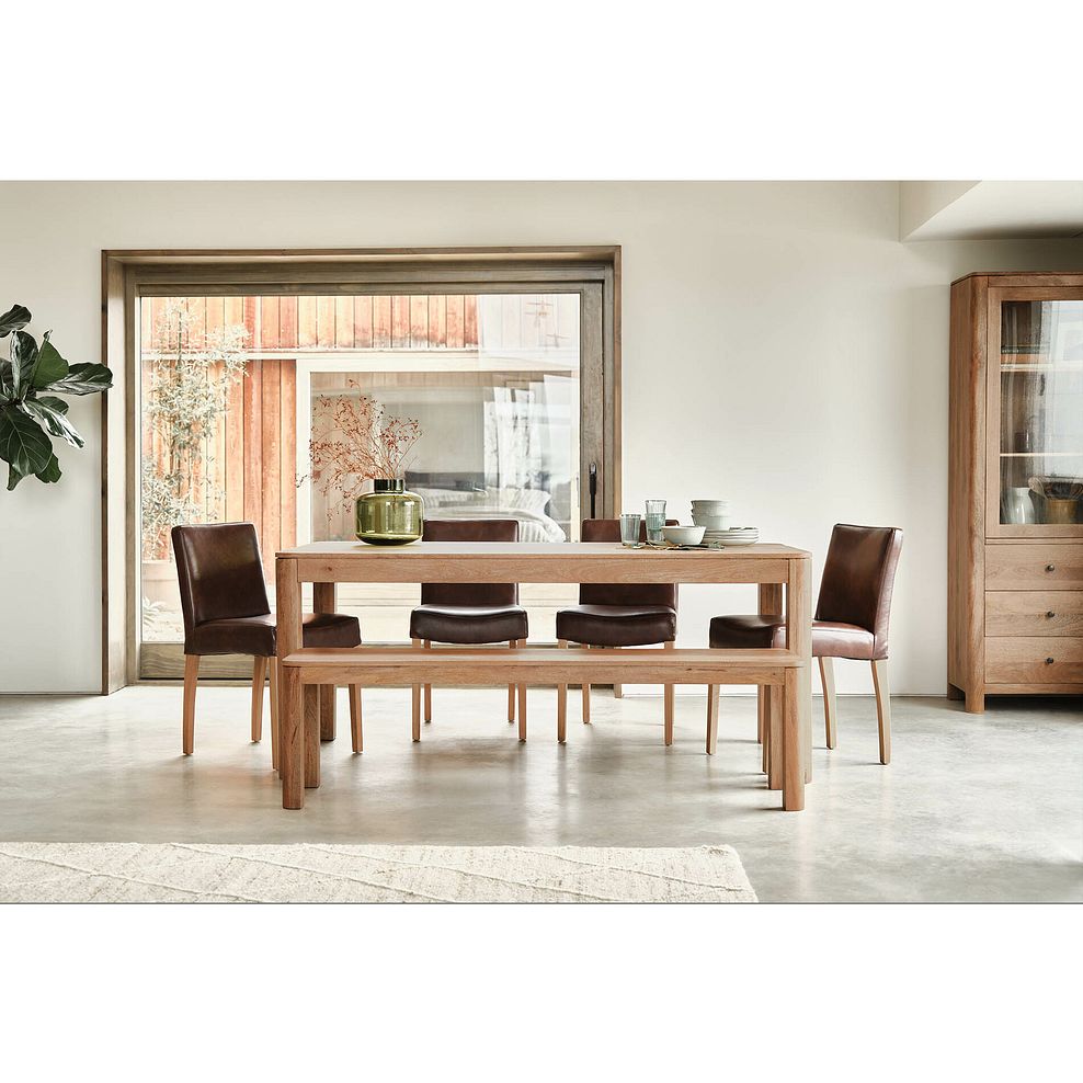 Lyla Mango Dining Table + 1 Lyla Mango Bench + 4 Dawson Chairs with Oak Legs in Vintage Brown Leather Look Fabric 3