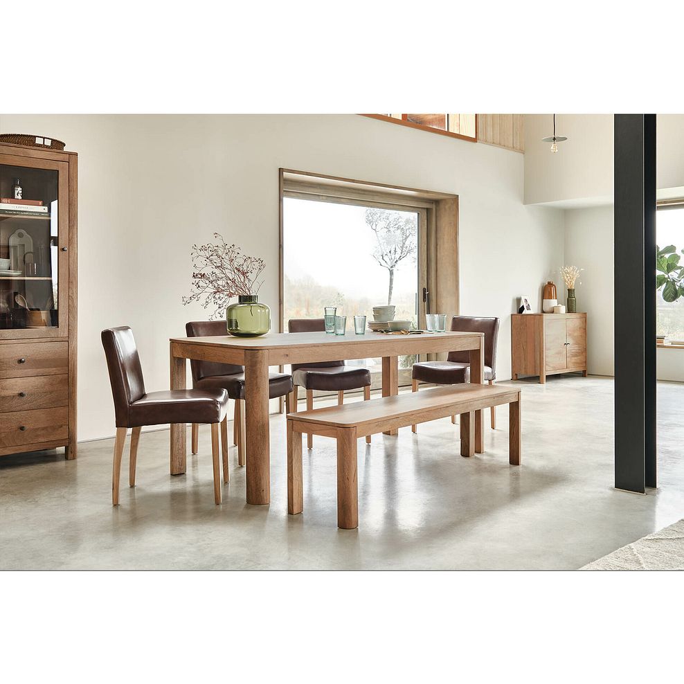 Lyla Mango Dining Table + 1 Lyla Mango Bench + 4 Dawson Chairs with Oak Legs in Vintage Brown Leather Look Fabric 2