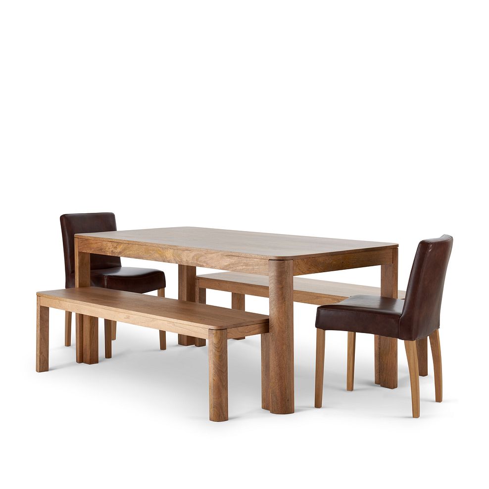 Lyla Mango Dining Table + 2 Lyla Mango Benches + 2 Dawson Chairs with Oak Legs in Vintage Brown Leather Look Fabric 1